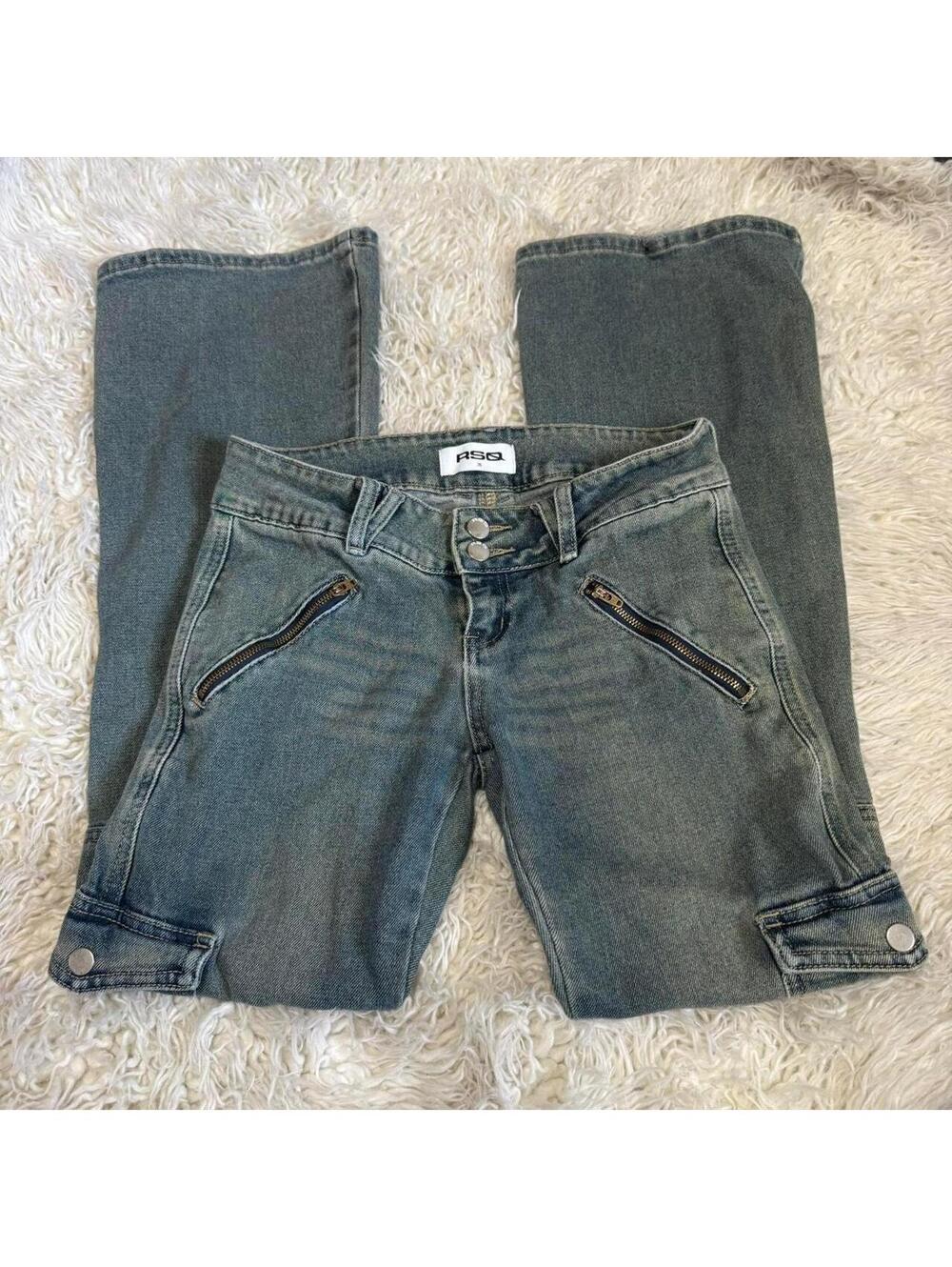 ੈ✩‧₊˚Y2K style blue denim lowrise bootcut cargo  jeans